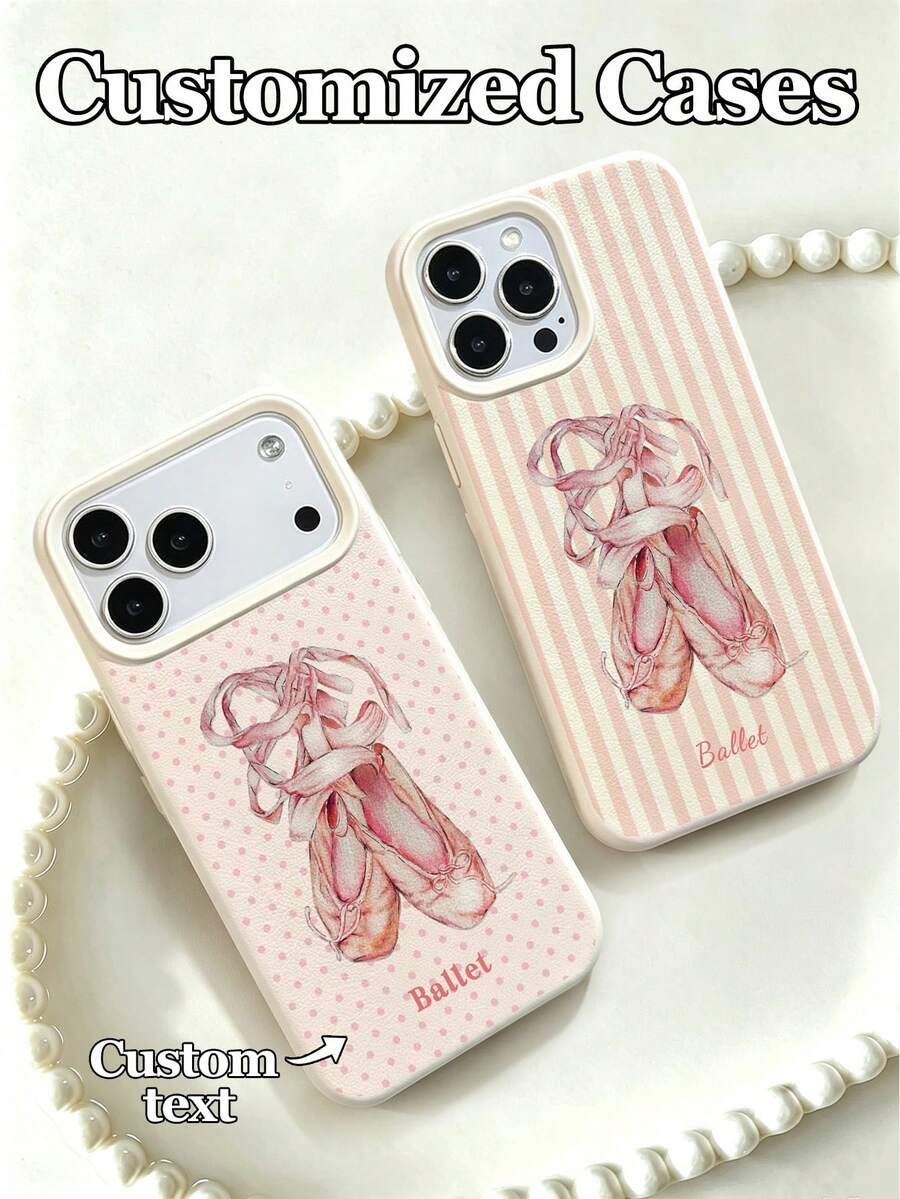 1pc Customizable Text Ins-Style Pink Polka Dot Striped Ballet Shoes Pattern Phone Case Protective Cover, Suitable For IPhone 17 Pro Max/17 Air/16E/16 Pro Max/15/14 Plus/13/12/11, S24/20 Ultra/A52S/A31/A21S/A13/A05S, Note 13 Pro Plus/Note 10/Note 12C/Note 13C, Made Of TPU Material, Fashionable Personalized Anti-Drop, Suitable For Personal Use And As Holiday Gifts For Family, Friends, Besties, Suitable For Various Occasions - White - View 1