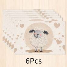 1pc Cartoon Sheep Heart Pattern Faux Linen Placemat, Cute Pastoral Style Rectangular Bowl & Plate Mat, Easy To Clean Table Decor, Suitable For Home Kitchen, Restaurant, Cafe And Holiday Decoration, 2/4/6/8pcs Multi-Piece Set - Multicolor - View 8