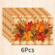 1pc Autumn Maple Leaf Print Placemat, Thanksgiving Harvest Theme Table Mat, Pumpkin & Pine Cone Pattern Dining Table Decor, Plaid Style Kitchen & Dining Room Home Decoration - Multicolor - View 8