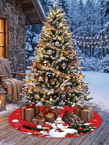 Falda de árbol de Navidad con Papá Noel y muñeco de nieve, alfombra redonda para base de árbol de Navidad con estampado de copos de nieve para decoración interior navideña - Rojo - Ver 9