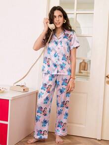 Disney 2-Piece Set Cartoon Print Casual Versatile Short Sleeve Button-Front Top Elastic Waist Long Pants Women's Pajama Set Suitable For All Seasons Home Wear - Pink - View 5