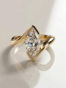 1pc Gold 2ct Women's Ring, Inlaid With High-Shine Marquise Cut Cubic Zirconia. Suitable For Daily Commute And Dating. Luxury Gift Jewelry For Women. - Gold - View 8