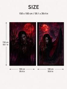 2pcs Halloween Vampire Window Banner, Blood Moon Castle, Bats And Vampire Couple Print Curtain Decor, Suitable For Halloween Party, Haunted House, Living Room, Bedroom And Indoor/Outdoor Holiday Decoration - Vampire - View 14