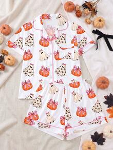 [Halloween]2 piezas Conjunto de pijama para mujer, Estampado de fantasmas de Halloween, Ropa de estar en casa para mujer, Conjunto de vacaciones de primavera/verano, Conjunto de top de manga corta y pantalones cortos - Blanco - Ver 1