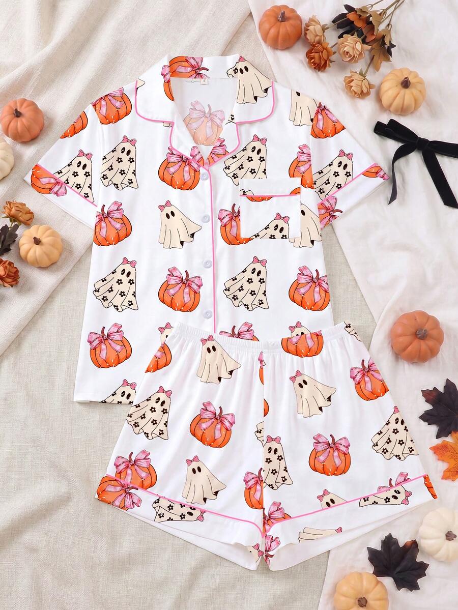 [Halloween]2 piezas Conjunto de pijama para mujer, Estampado de fantasmas de Halloween, Ropa de estar en casa para mujer, Conjunto de vacaciones de primavera/verano, Conjunto de top de manga corta y pantalones cortos - Blanco - Ver 1