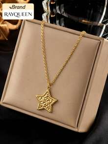 RAYQUEEN 1pc Stainless Steel Vintage Textured Five-Pointed Star Pendant Gold Necklace For Women, Suitable For Daily Wear - Gold - View 1