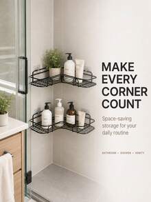 2-Tier Triangle Corner Bathroom Shelf, Dual Installation Metal Shower Storage Rack, No Drill No Screw Adhesive Installation, Rust-Proof With Guardrail Wall Shelf, Suitable For Shower, Toilet Side, Sink, Skincare, Cosmetics, Kitchen Accessories Storage - Black - View 3