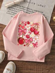 3pcs Tween Girls Cherry Bow Print Long Sleeve T-Shirts, Vintage Letter Graphic Soft Autumn Casual Tween Girl Tops - Multicolor - View 4