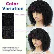 Fluffy Brazilian Remy Human Hair Afro Curly Short Bob Wig With Bangs, Kinky Curly Jerry Curl, 150% Density, Fully Machine Woven, Suitable For Women's Daily Wear, Natural Black - Natural Black - View 9