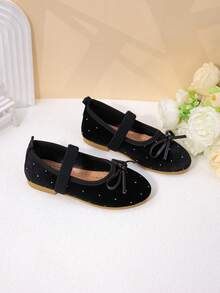 Girls' White Satin Pearl Bow Mary Jane Flats, Princess Style Formal Dress Shoes For Kids - Black - View 7