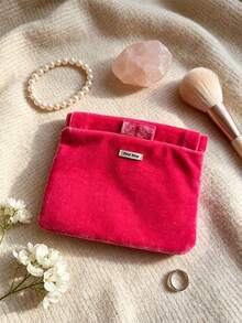 Miu Miu Vintage Rose Red Velvet Snap Button Makeup Bag, Portable Large Capacity Travel Organizer, Highly Attractive Personal Makeup & Skincare Storage Bag, Birthday & Anniversary Gift - Hot Pink - View 9