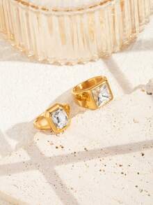 2pcs Stainless Steel Fashion Elegant Gold-Colored Rings, Inlaid With White Rhinestones, Suitable For Women's Daily Wear Or Gift Giving - Yellow Gold - View 3