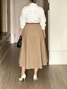 Rok A-Line Berpinggang Tinggi untuk Wanita Ukuran Plus, Cocok untuk Musim Semi, Musim Panas, dan Musim Gugur, Dilengkapi Saku, Rok Panjang Elegan dan Serbaguna untuk Kantor, Perjalanan, Pakaian Sehari-hari, dan Kencan - Mocha Brown - View 6
