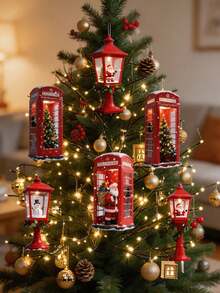 2D Flat Wooden Christmas Hanging Decor, Red London Telephone Booth & Street Lamp Pendant, Christmas Decoration, Santa Claus Snowman Mini Christmas Tree Ornament, Winter Holiday Window & Door Hanging Sign, Festive Wooden Christmas Tree Home Party Gift Decor - Multicolor - View 3