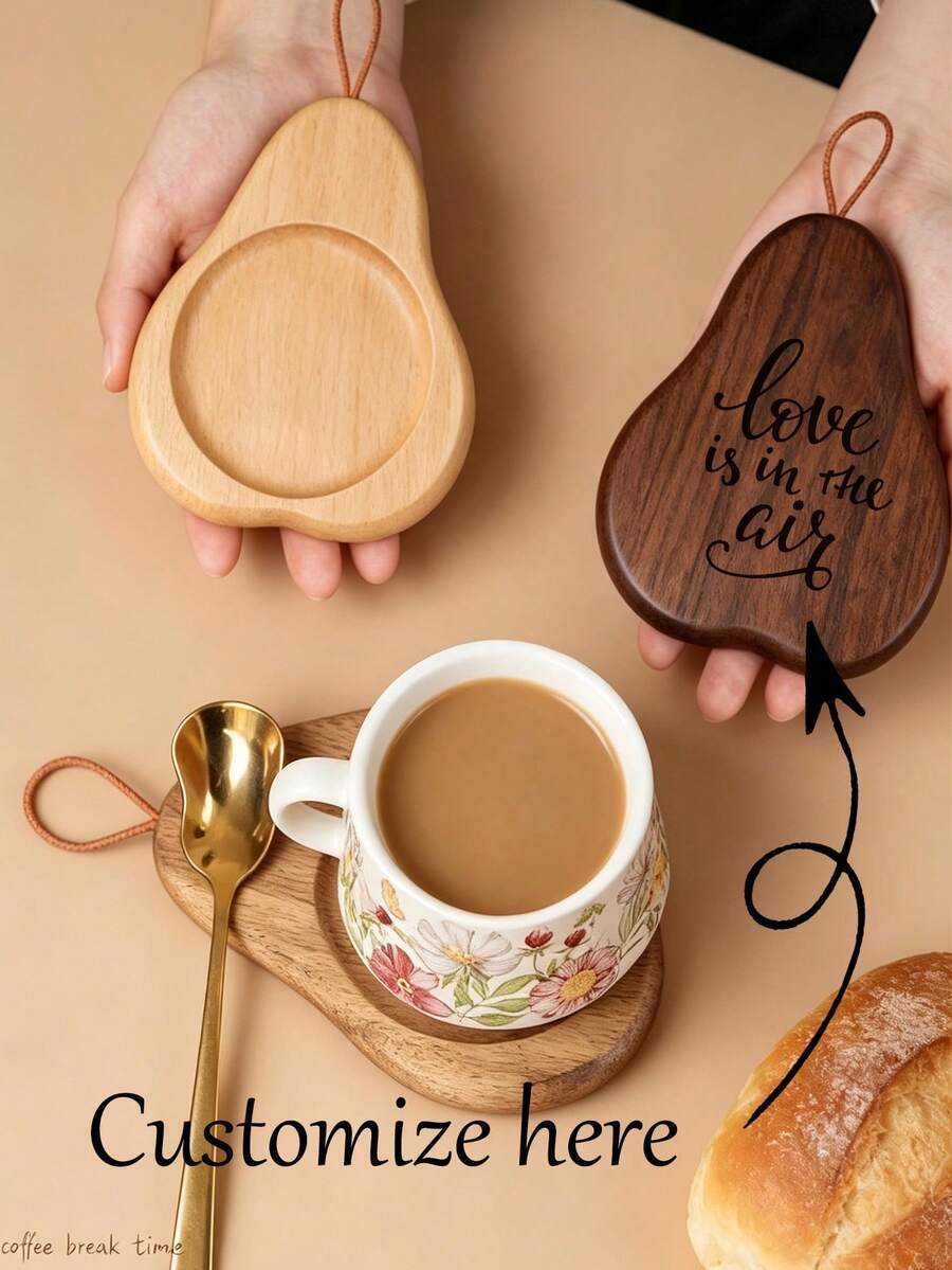 1pc Personalized Custom Wooden Coaster, Pear-Shaped Wooden Coaster With Logo Engraving, Heat-Insulating Wooden Coaster For Home Use, Suitable For Cups, Mugs, Glassware - Perfect For Home, Restaurant, Bar And Outdoor Activities - Multicolor - View 1