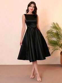 Elegant Sleeveless Satin Midi Dress, Boat Neck Design, With Belt, Sexy Backless Formal Bridal Shower Dress - Black - View 4