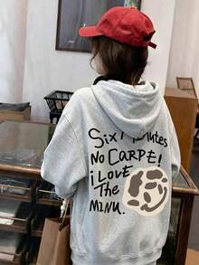 Women's Hooded Sweatshirt, Autumn/Winter New Graphic & Letter Print, Drawstring Design, With Pockets, Casual Versatile Loose Fit Top, Fashionable Everyday Wear - Dark Gray - View 2