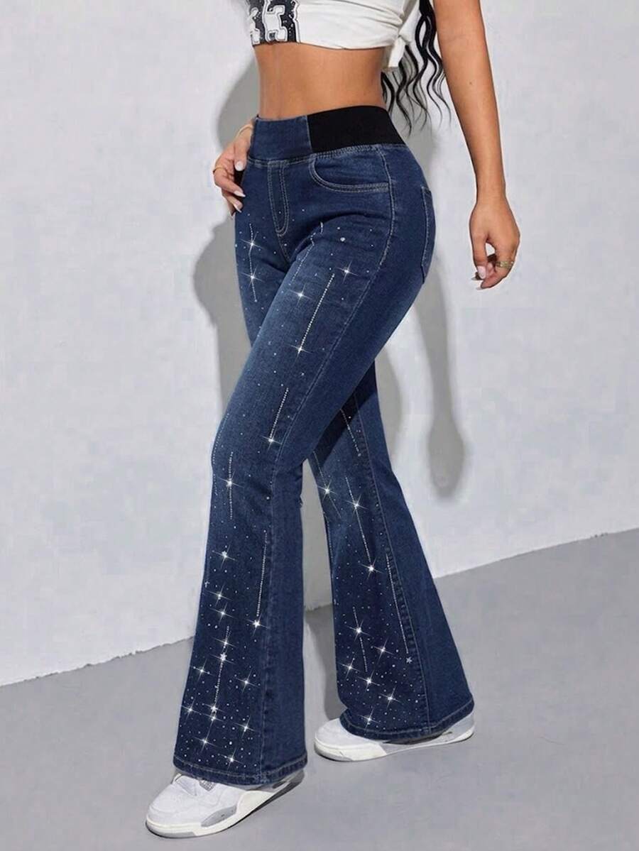 Y2K Flared Jeans - Women's Solid Color High-Waist Slim-Fit Slimming Stretch Casual Versatile Streetwear. - Navy Blue - View 1