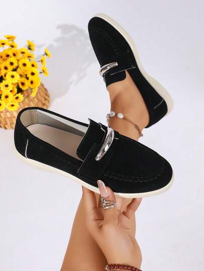 Black Suede Metal Buckle Loafers For Women, Delicate Matte Suede Upper, Minimalist Horizontal Strap With Curved Shiny Silver Metal Decorative Buckle, Classic Round Toe Loafer Style, Cream White Lightweight Non-Slip Flat Sole, Soft Skin-Friendly Lining, No Rubbing, Versatile Commuter Casual Style, Suitable For Suit Pants, Skirts, Straight-Leg Jeans, Work Commute, Campus Outings, Daily Shopping, Easy Slip-On Low-Top Shoes