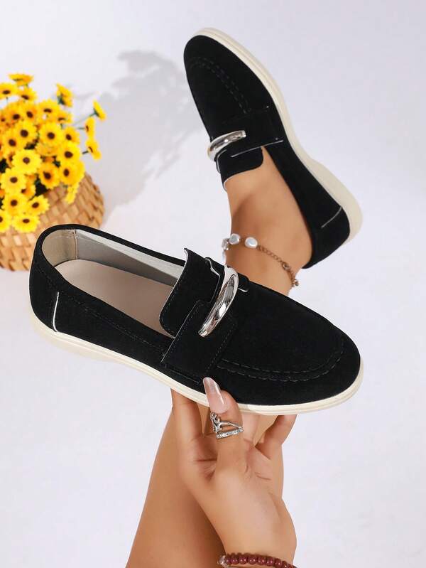 Black Suede Metal Buckle Loafers For Women, Delicate Matte Suede Upper, Minimalist Horizontal Strap With Curved Shiny Silver Metal Decorative Buckle, Classic Round Toe Loafer Style, Cream White Lightweight Non-Slip Flat Sole, Soft Skin-Friendly Lining, No Rubbing, Versatile Commuter Casual Style, Suitable For Suit Pants, Skirts, Straight-Leg Jeans, Work Commute, Campus Outings, Daily Shopping, Easy Slip-On Low-Top Shoes