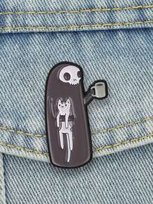 Grim Reaper Holding Cat & Coffee Enamel Pin Dark Cartoon Brooch Gothic Decor Badge - Dark Grey - View 4