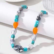 Tie Dye Marble Pattern Acrylic Beaded Necklace, Blue & Orange Contrast Asymmetrical Beads - Multicolor - View 1
