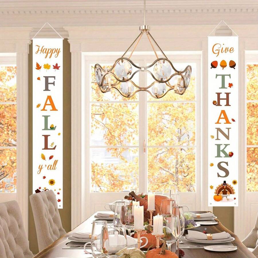 2Pcs Thanksgiving Welcome Sign,Autumn Hanging Banner,Fall Harvest Decor,Thanksgiving Party Wall Decorations - Multi-style a - View 1