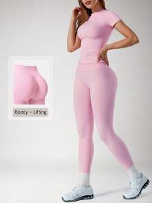 NcmRyu 1 Set Women's Solid Color Ribbed Seamless Crew Neck Short Sleeve Soft High Waist Ruched Sports Short Sleeve Tight Pants Suit - Pink - View 11