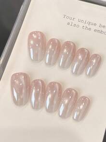 10pcs/Set Oval Handmade Press-On Nails, Nude Pink Gradient Glass Bead ...