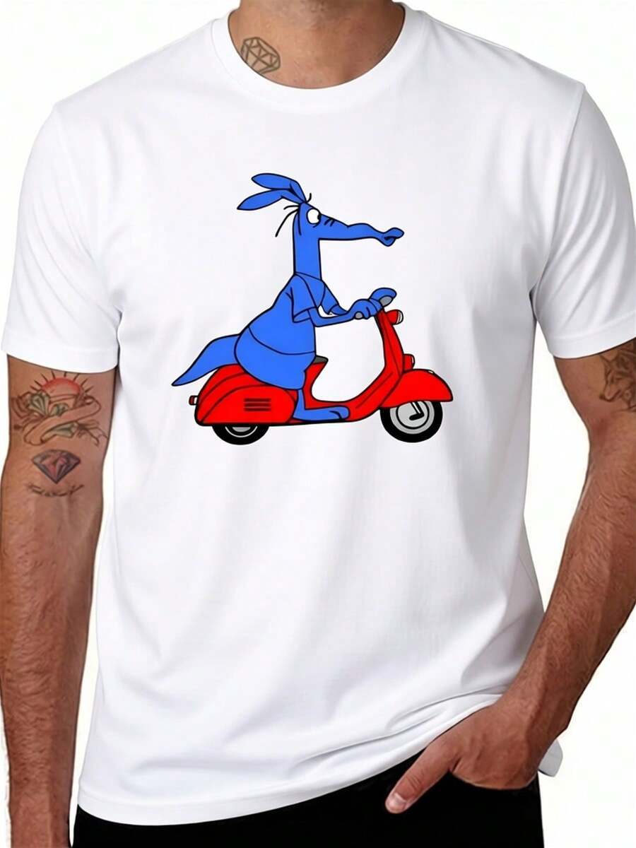 T-shirt bleu Elise pour hommes, streetwear décontracté, col rond avec imprimé personnage de scooter rouge, doux, adapté à toutes les saisons, pour événements à thème, designer - Blanc - Voir 1