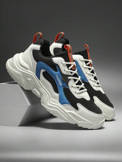Men's Colorblock Comfortable Low-Top Shock-Absorbing Outdoor Travel All-Season Versatile Casual Sports Shoes, Daily Streetwear Black & White PU Leather Patchwork Running Shoes, Chunky Sneakers