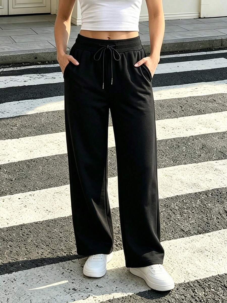 女款高腰運動束口褲,柔軟舒適,抽繩設計附口袋,黑色,秋季運動款 - 黑色 - 查看 1