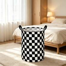 1PC Classic Black And White Checkered Double-Handle Laundry Basket, Vintage Racing Check Pattern Foldable Storage Bin, Minimalist Style Bedroom Storage Bucket, Suitable For Clothes And Miscellaneous Storage - View 3
