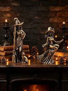 1 Peça Estátua de Bruxa Vintage de Latão com Vassoura e Livro, Decoração Colecionável de Metal Inspirada em Filme Mágico para Mesa, Ornamento de Mesa para Estante, Casa e Quarto, Presente Atencioso para Mulheres no Aniversário, Formatura, Halloween, Ação de Graças, Natal - Vários estilos - Visão 2