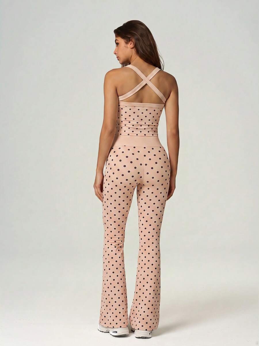UONNOU 2pcs Polka Dot Square Neck Criss-Cross Back Camisole + Criss-Cross Waist Flare Pants Sports Set - Pink - View 1