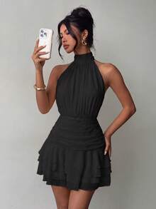 Faeriesty Elegant Halter Neck Backless Mini Dress With Layered Ruffle Hem Black - Black - View 3