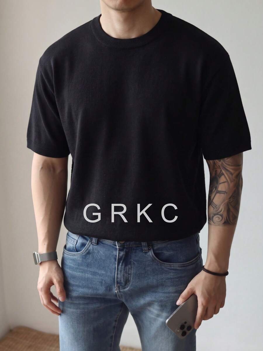 GRKC 男士針織短袖圓領修身義式極簡純色細紋理基礎針織T恤 春夏款 - 黑色 - 查看 1