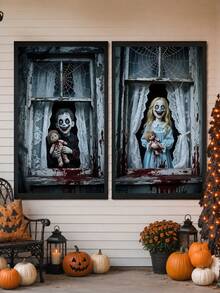 1 Set Bloody Horror Doll Halloween Window Cover, Thriller Style Polyester Rectangular Curtain Fabric With Eerie Boy & Girl, Old Window And Bloodstain Prints, Suitable For Halloween Photo Props, Haunted House, Indoor/Outdoor Decoration, Yard Party And Door/Window Decor - E - View 4