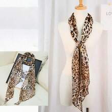 Women's Leopard Print Thin Silk Scarf, Soft Faux Silk Neck Scarf, Multi-Functional Headscarf, Bag Accessory, Casual Daily Wear - Brown - View 5
