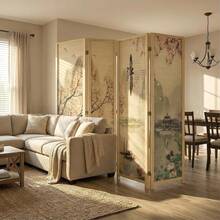 4 Panel Cherry Blossom Folding Room Divider 6 FT Freestanding Floral Privacy Screen Wood Frame Partition Wall Separator Bedroom Studio Beige - Beige (Floral) - View 4