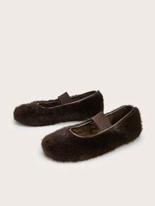 Women's Brown Cute Fuzzy Slip-On Ballet Flats, Warm Winter Shoes - Coffee Brown - View 3