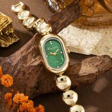 xinyunkou Vintage Emerald Green Small Oval Watch! Luxury Pearl Bracelet Watch, Perfect For Wearing Out And Showing Your Elegance - Gold - View 2