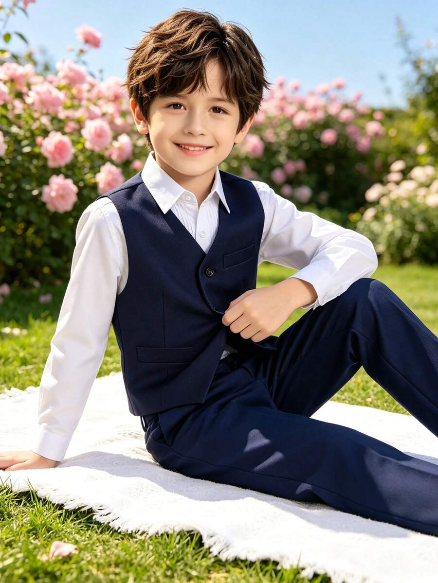 男童 3 件套西裝,幼兒燕尾服正式穿著,花童套裝,婚禮背心長褲吊帶,兒童正式西裝,海軍藍,4-16 歲 - 藏蓝色 - 查看 1