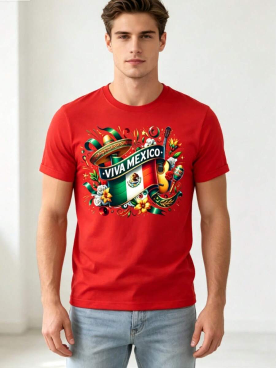 Cool Vibe Women's Red Cotton T-Shirt With "Viva México" Design, Colorful Print With Mexican Flag, Charro Hat, Guitar, Maracas And Flowers, Patriotic And Festive Theme, Ideal For National Holidays And Casual Summer Looks - 紅色的 - 查看 1