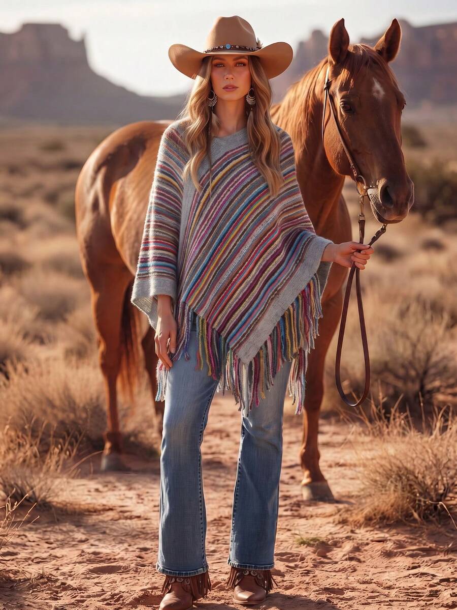 Autumn/Winter New Colorful Striped Tassel Loose Slouchy Knit Shawl Cape - Grey - View 1