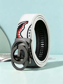 47 Inch Men's PU Faux Leather Automatic Buckle Belt, Shark Mouth Graffiti Print Belt - Multicolor - View 10
