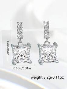 2pcs Women's Copper Zirconia Square Stud Earrings, Daily Color Matching Earrings - Silver - View 5