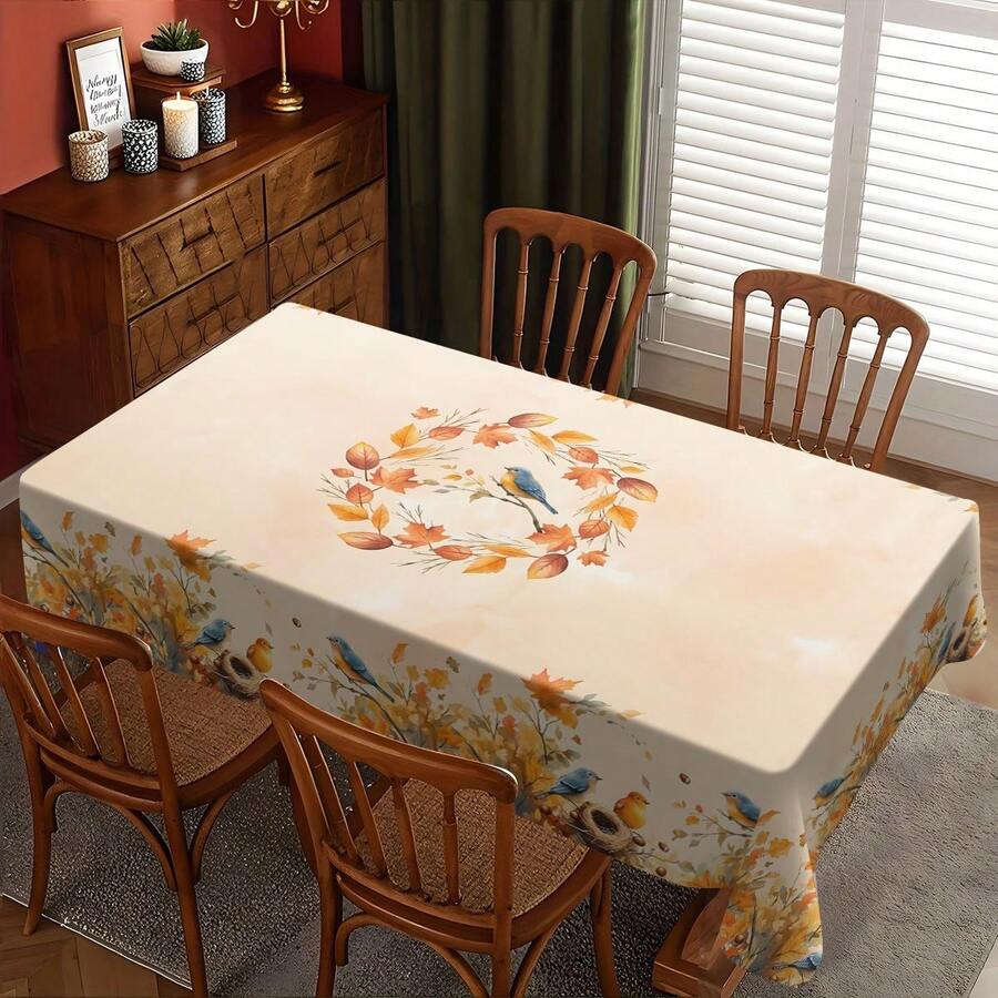 1pc Fall Blue Bird Maple Leaf Wreath Waterproof Tablecloth, Soft Rustic Autumn Wildlife Rectangular Table Cover, Farmhouse Cottage Seasonal Home Decor - Orange - View 1