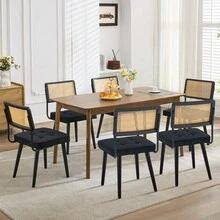 Set Of 2 Mid-Century Modern Rattan Dining Chairs – Cane Back, Linen Or Velvet Seat, Solid Wood & Metal Frame – Boho Chic Seating For Home, Restaurant, Lounge, Or Office - Black and White - View 9