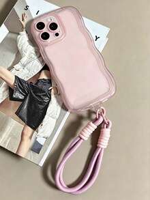 1件極簡純色波浪邊手機殼附掛繩，適用於 iPhone 16 Pro Max 15 14 13 12 11 Xs Max XR X 8 7 Plus，防摔保護殼 - 粉色 - 查看 3
